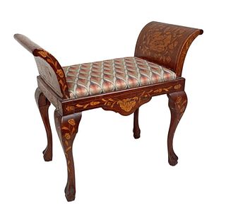 Small Dutch Marquetry Upholstered Bench