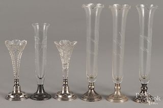 Six sterling silver mounted glass vases, tallest - 10 3/4''.
