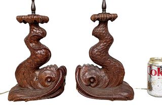 Pair Carved Wooden Dolphin Form Lamps