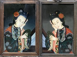 Pair Chinese Reverse Paintings of Ladies