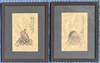 Pair Chinese W/C/P, Figures of Sages, Signed