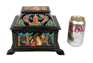 Russian Painted Lacquer Casket Form Footed Box