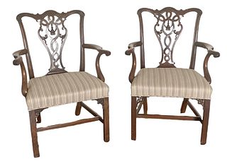 Pair Georgian Tassel Carved Mahogany Arm Chairs