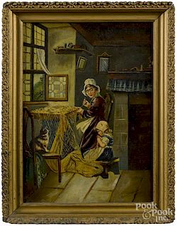 Oil on canvas interior of a woman and child sewing, signed Alice Weisenborn 1902, 17'' x 12''.