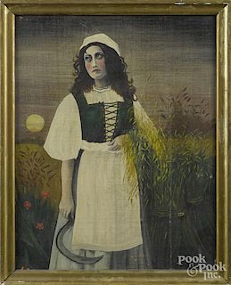 Oil on canvas of a woman with a scythe, ca. 1900, 18'' x 14''.