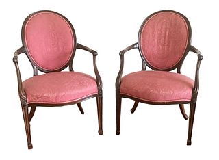 Pair George III Upholstered Oval Back Arm Chairs