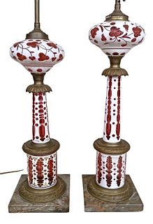Pair White Cut To Cranberry Columnar Glass Lamps