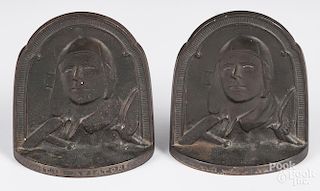 Pair of Charles Lindbergh bronze bookends, titled The Aviator on base and marked COPR 1929