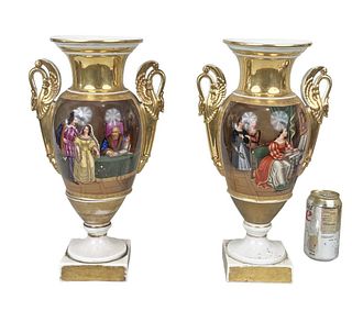 Pair Old Paris Porcelain Paint Decorated Urns