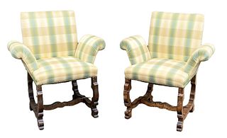 Pair Upholstered Walnut Baroque Style Easy Chairs