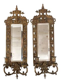 Pair Mirrored Brass Two Light Wall Sconces