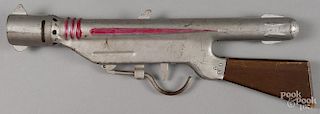 Tin space gun with a wood stock, 24'' l.