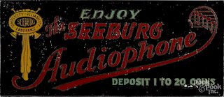 Reverse painted sign for Seeburg Audiophone, 7'' x 16''.