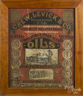 Framed advertisement for Crew, Levick, & Co. Oils, 20'' x 16 1/2''.