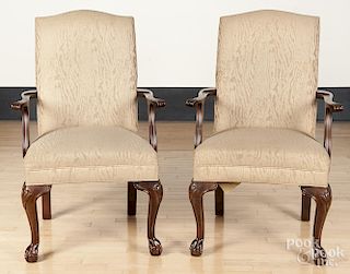 Pair of Ethan Allen Chippendale style mahogany open armchairs.