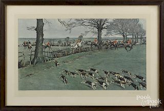 After E.A.S. Douglas, color engraved fox hunt scene, 14 1/4'' x 27 3/4''