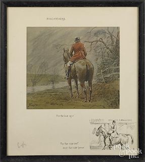 Pair of pencil signed fox hunting lithographs, by Snaffles, 10'' x 9 3/4''.