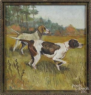 Oil on board of two sporting dogs, signed EHC lower right, 8 3/4'' x 8''.