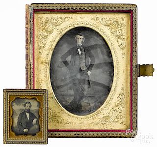 Full plate daguerreotype of a gentleman in a book-form case with mother-of-pearl ornamentation