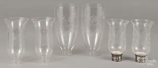 Three pairs of etched glass hurricane shades, largest - 9 1/4'' h.