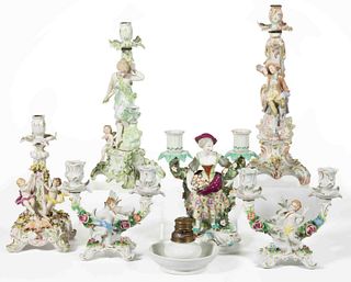 CONTINENTAL PORCELAIN HAND-PAINTED FIGURAL CANDLESTICKS, LOT OF SIX, 