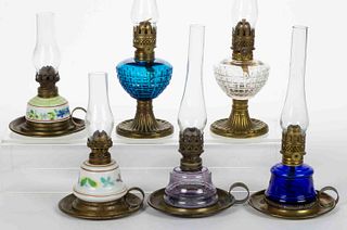 ASSORTED PATTERN WITH BRASS BASES MINIATURE LAMPS, LOT OF SIX,