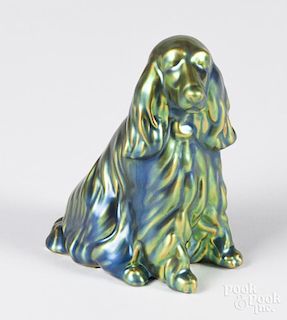 Zsolnay iridescent painted pottery spaniel figure, 4 3/4'' h.