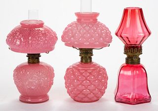 ASSORTED PATTERN CASED GLASS MINIATURE LAMPS, LOT OF THREE,