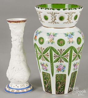 Bohemian style milk glass cut to green vase with painted floral decoration and gilding, 12 1/4'' h.
