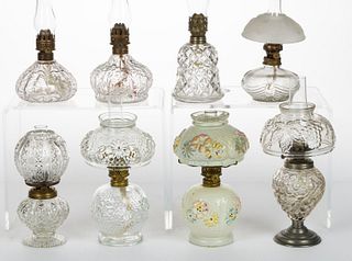 ASSORTED PATTERN MINIATURE LAMPS AND FONTS, LOT OF EIGHT,