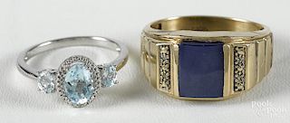 10K yellow gold ring band with a blue glass or synthetic star cabochon flanked by diamond accents