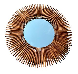 Large Mid Century Wood Sunburst Mirror