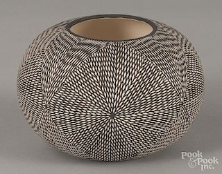 Acoma Pueblo pottery vase, 20th c., by M. Sanchez, 4 1/2'' h., 6 1/2'' dia.