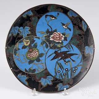 Japanese cloisonné charger with birds and prunus on a blue ground, 12'' dia.