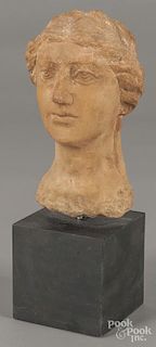 Roman style marble bust of a woman, mounted on a stand, bust - 8'' h.