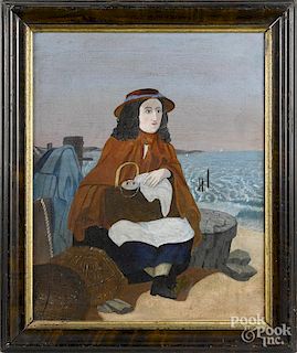 Primitive oil on canvas woman by the shore, late 19th c., 20'' x 16''.