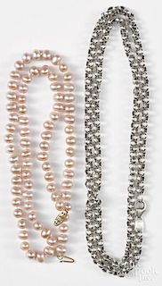 Fine silver chain, 24'' l., 1.10 ozt., together with a pink freshwater baroque pearl necklace, 18'' l.