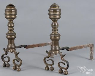 Pair of Federal brass andirons, 19th c., 18'' h.