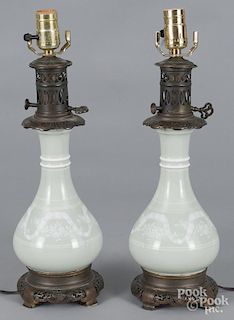 Pair of Caledon glaze porcelain table lamps, 9'' h.