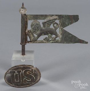 Small copper flag with a lion, together with a Civil War buckle, 5'' h., 3 1/4'' l.