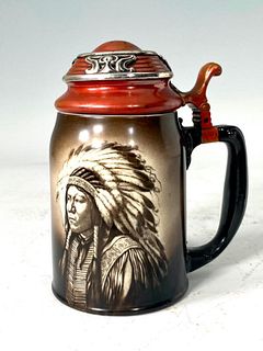 American Antique Stein with Painting of Native American Indian 