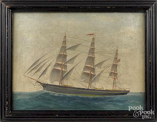 Oil on canvas primitive ship portrait, early 20th c., signed O. J. Nelson, 18'' x 24''.
