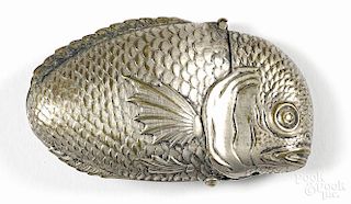 Embossed nickel-plated figural fish match vesta safe, 2 3/4'' l.