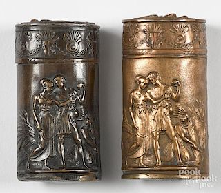 Two embossed courting scene match vesta safes, both having a scene of a gentleman holding grapes