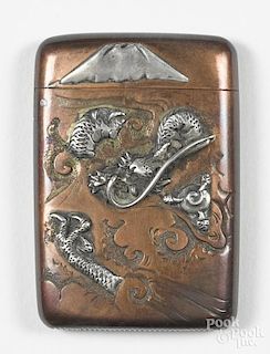 Japanese mixed metal match vesta safe with dragon and mountain decoration, 2 1/4'' h.