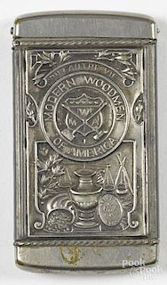 Unusual embossed nickel-plated Modern Woodmen of America match vesta safe with an image of a man