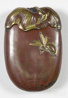 Japanese mixed metal figural match vesta safe with a snail and a bee, 2 1/2'' h.