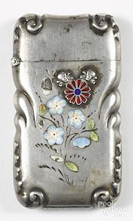 Unusual sterling silver enameled flower match vesta safe with two relief skull and crossbones