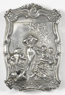 Heavily embossed sterling silver match vesta safe with nude woman emerging from a seashell