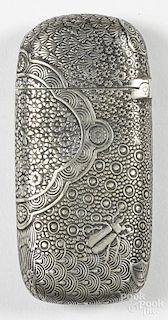 Gorham silver-plated match vesta safe with floral and beetle decoration, 2 5/8'' h.